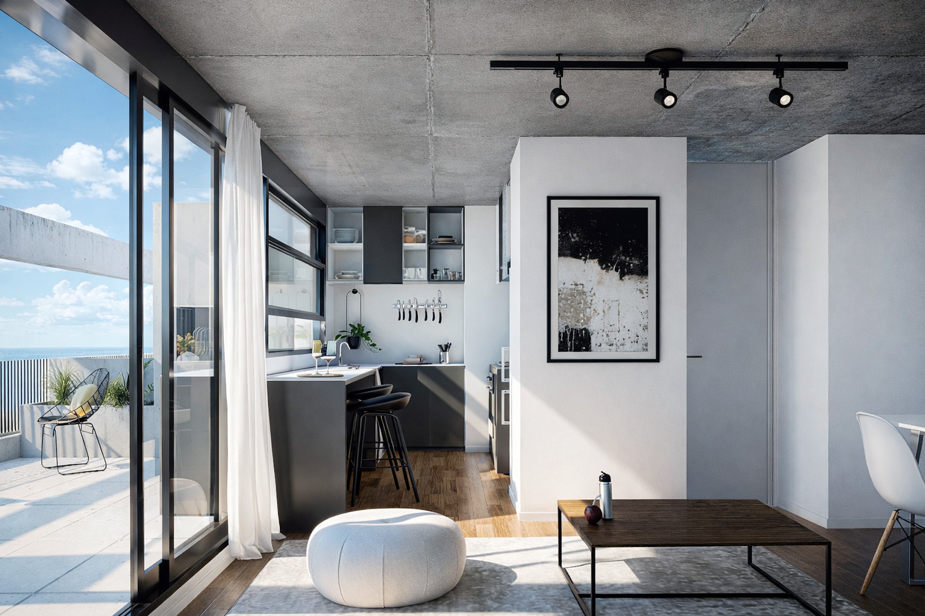 Interior con cocina y terraza